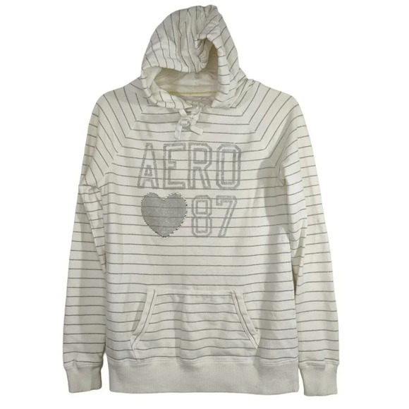 Aéropostale Tops - Aeropostale Cream Silver Metallic Stripe Pullover Hoodie Size M Pocket FLAW